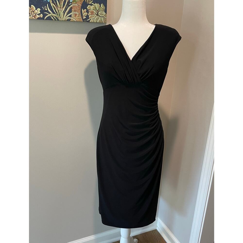 Lauren Ralph Lauren Faux Wrap Sheath Dress Black Ruched Sz 8 Cap Sleeves Career - Picture 6 of 12